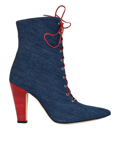 Manolo Blahnik Lace Up Ankle Boots, £290, Shoes, Blue/Red, Denim, Front view