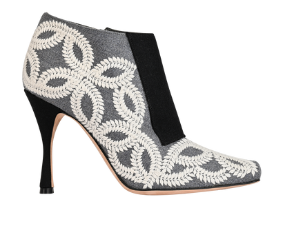 Manolo Blahnik Embroidered Ankle Boots, £150, Shoes, Black/Grey/White, Fabric, Front view