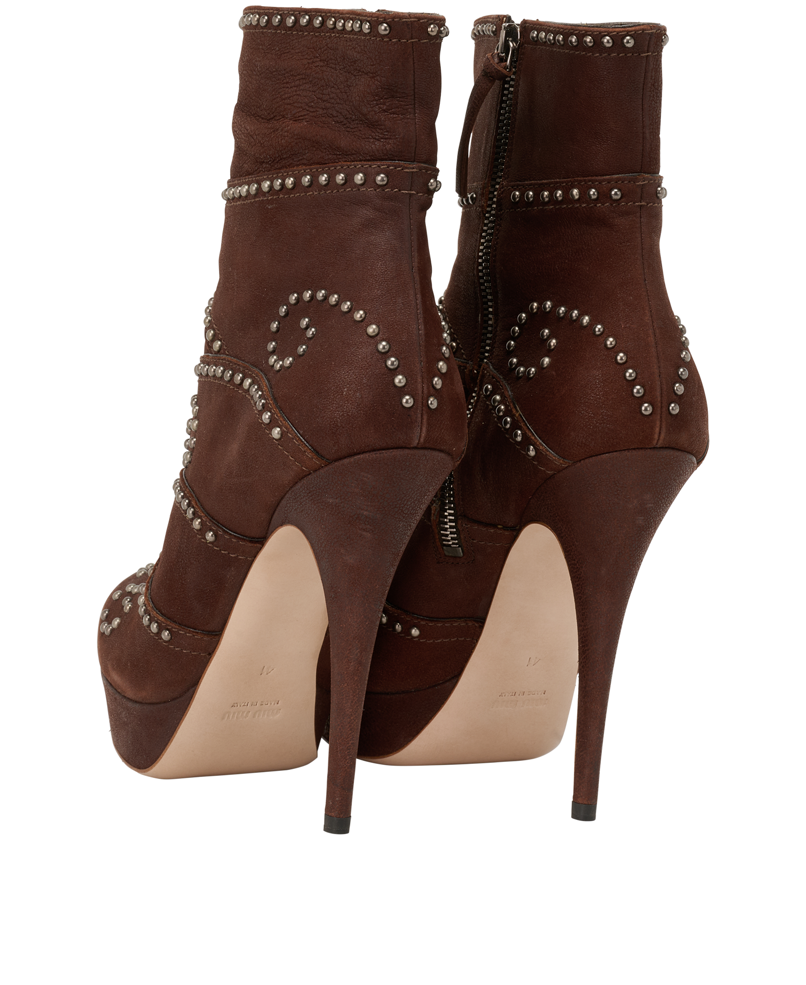 Miu Miu Studded Platform Ankle Boots, &pound;180, Shoes, Brown, Leather, Back view