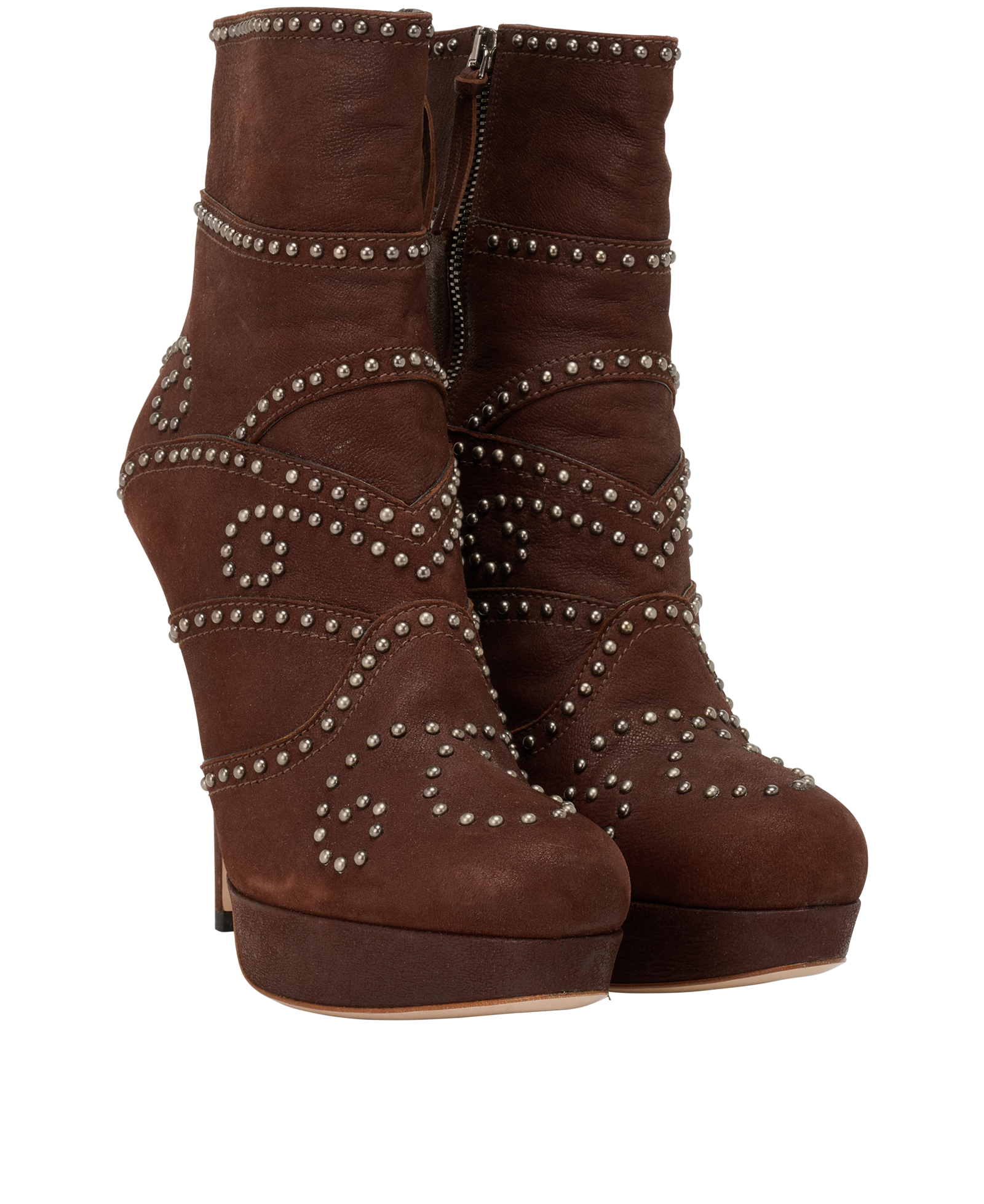 Miu Miu Studded Platform Ankle Boots, &pound;180, Shoes, Brown, Leather, Side view