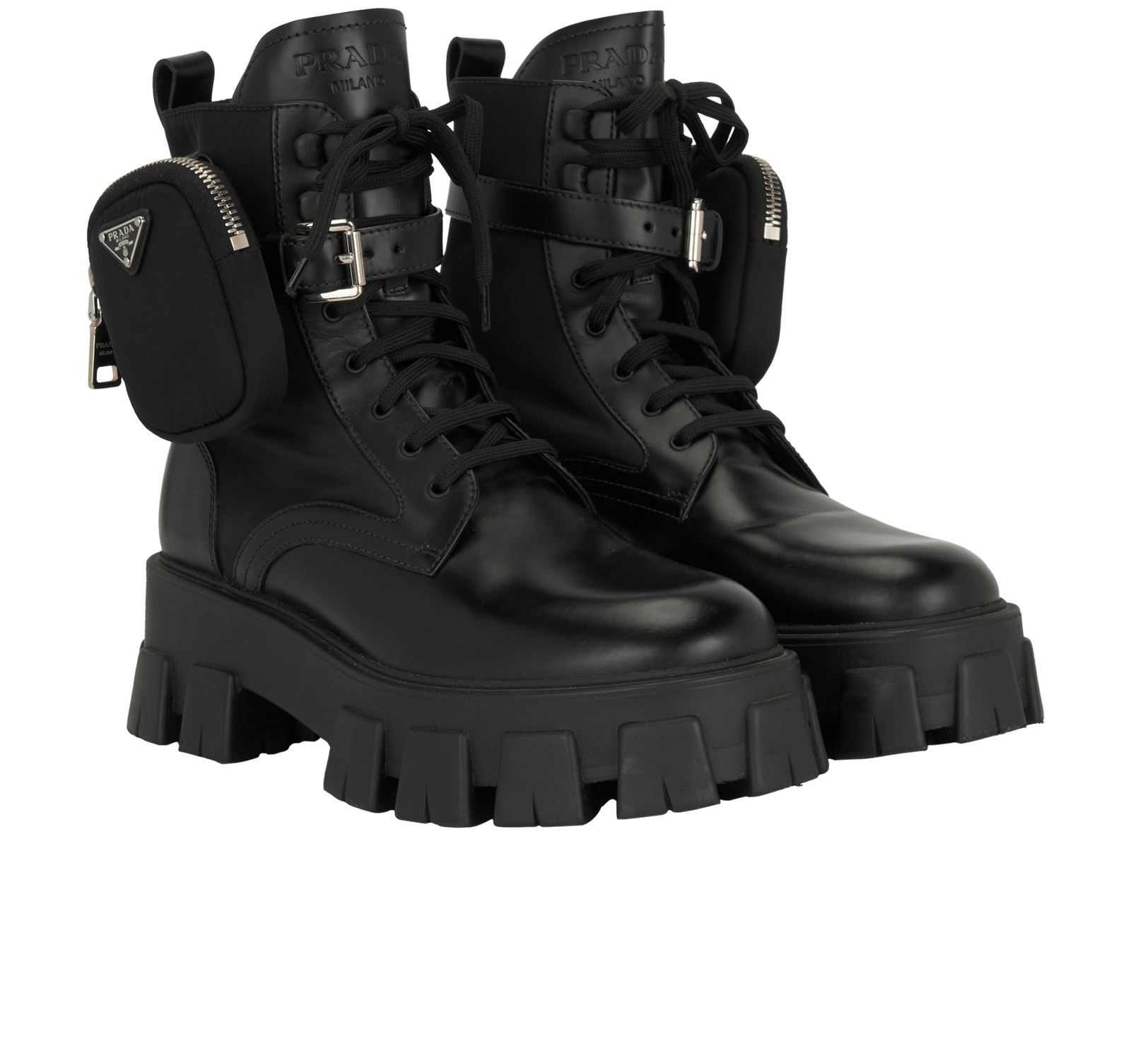 Prada Monolith Boots, &pound;595, Shoes, Black, Leather/Nylon, Side view