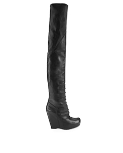 Rick Owens Thigh High Wedge Boots, Leather, Black, UK 4