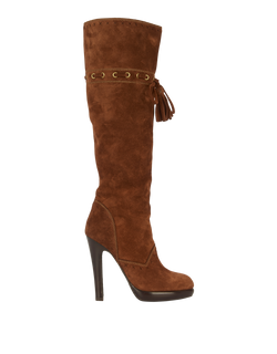 YSL Tassel Below the Knee Boots, Suede, Brown, UK2