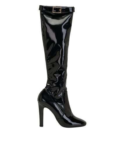Saint Laurent Elle Knee-High Boots, &pound;450, Shoes, Black, Patent Leather, Front view