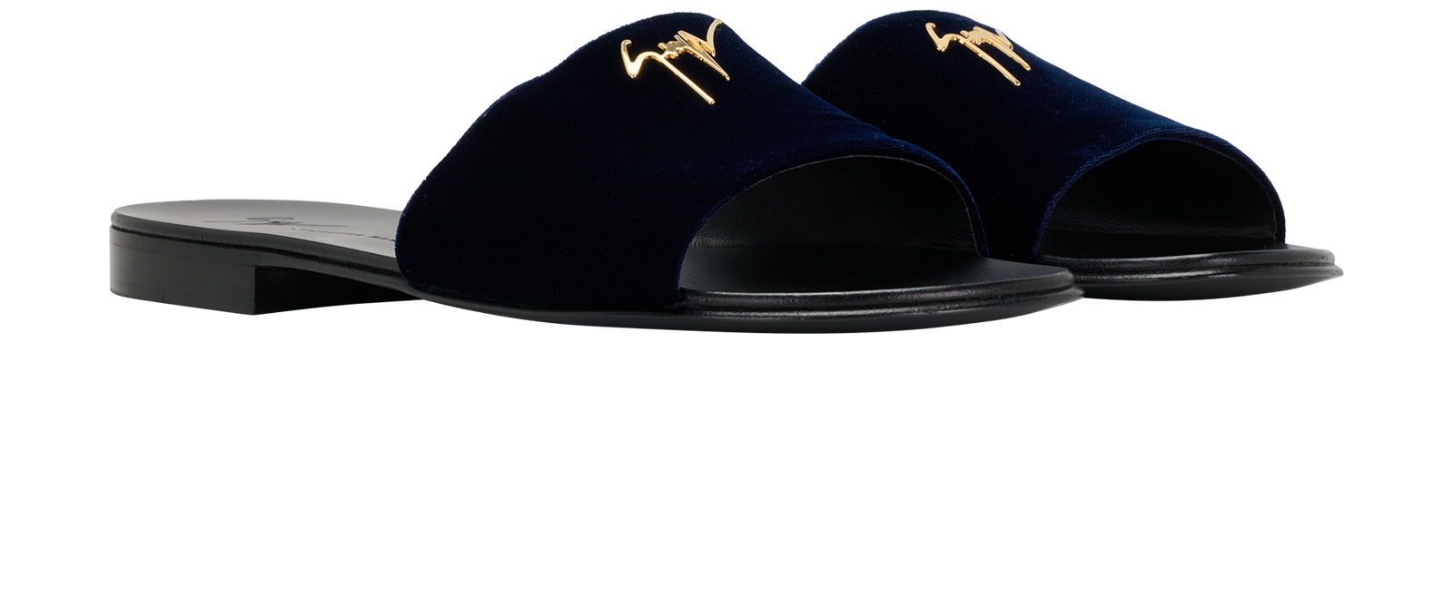 Giuseppe Zanotti Logo Slides, &pound;150, Shoes, Navy, Velvet, Side view