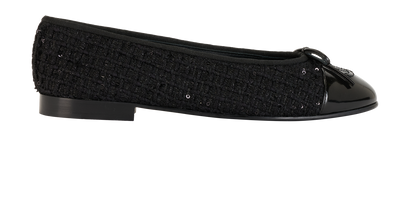 Chanel Sequin & Tweed Ballet Flats, &pound;695, Shoes, Black, Fabric/Patent Leather, Front view