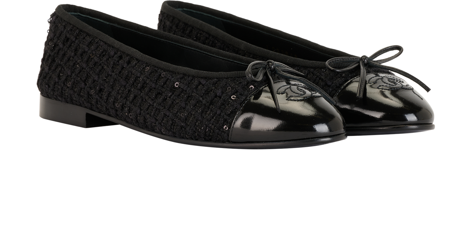 Chanel Sequin & Tweed Ballet Flats, &pound;695, Shoes, Black, Fabric/Patent Leather, Side view