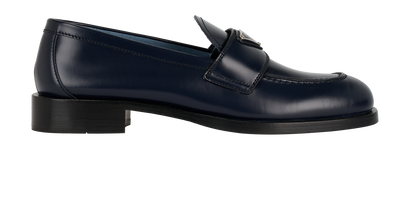 Prada Triangle-Logo Plaque Loafers, &pound;495, Shoes, Navy, Lambskin Leather/Leather, Front view