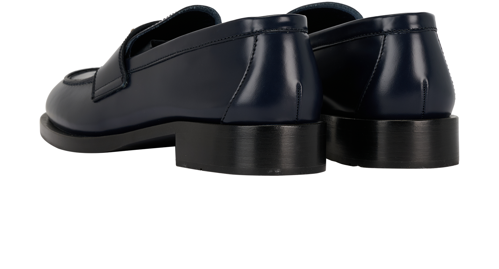 Prada Triangle-Logo Plaque Loafers, &pound;495, Shoes, Navy, Lambskin Leather/Leather, Back view
