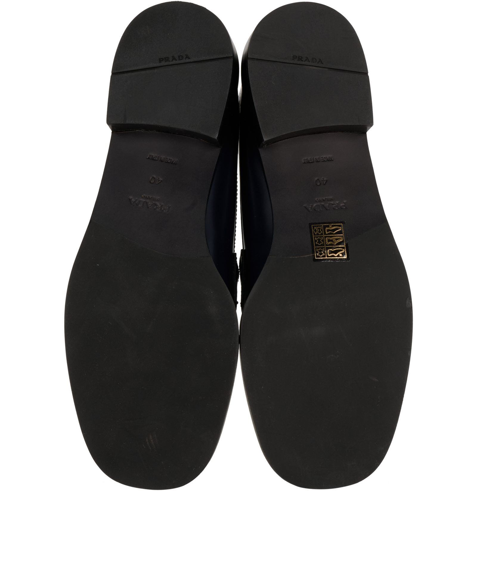 Prada Triangle-Logo Plaque Loafers, &pound;495, Shoes, Navy, Lambskin Leather/Leather, Top view