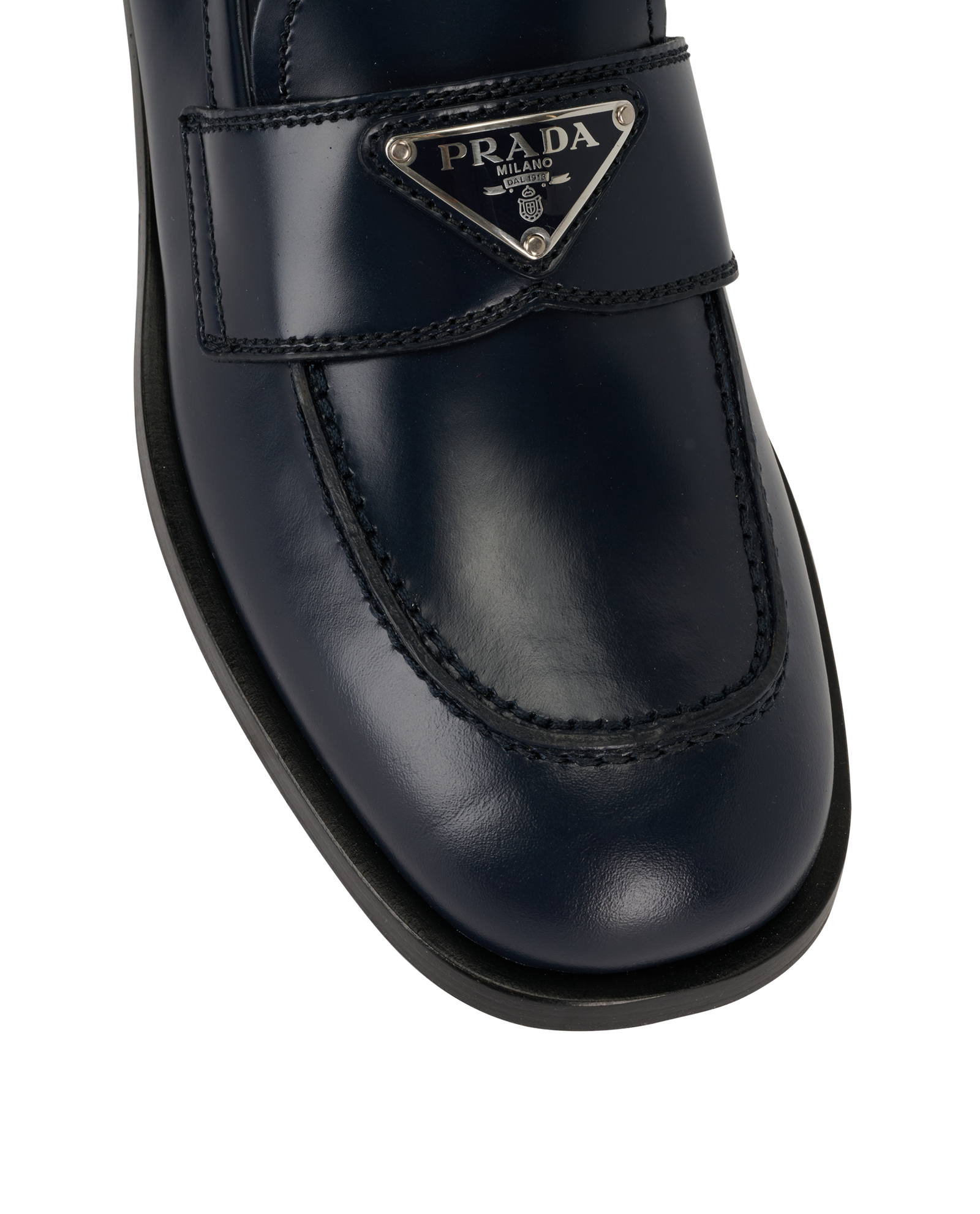 Prada Triangle-Logo Plaque Loafers, &pound;495, Shoes, Navy, Lambskin Leather/Leather, Other view