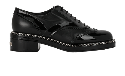 Chanel Logo Derby Shoes, &pound;395, Shoes, Black, Leather/Patent Leather, Front view