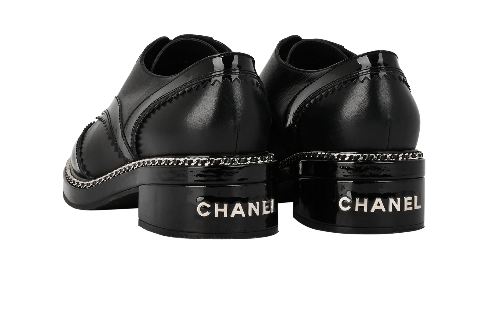Chanel Logo Derby Shoes, &pound;395, Shoes, Black, Leather/Patent Leather, Back view