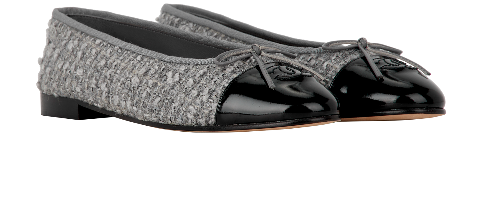 Chanel CC Ballet Flats, &pound;610, Shoes, Black/Grey, Fabric/Leather, Side view