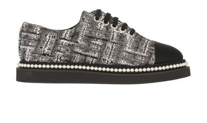 Chanel Tweed Grosgrain Pearl Derby Shoes, front view