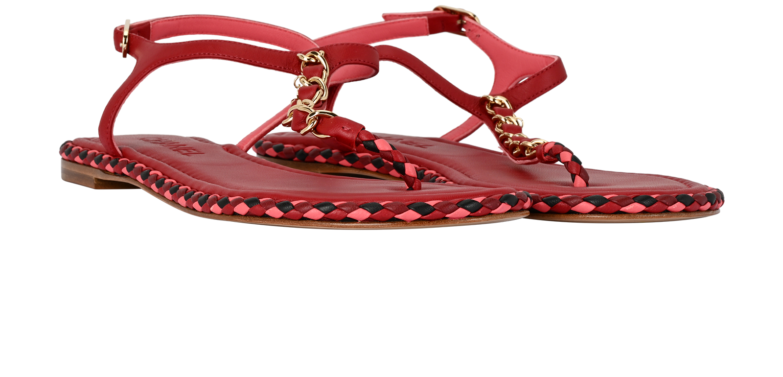 Chanel Braided CC Logo Chain Thong Sandals, &pound;395, Shoes, Red, Leather, Side view