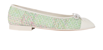Chanel Tweed Ballerina Flats, &pound;450, Shoes, Green/Pink/White, Fabric/Patent Leather, Front view
