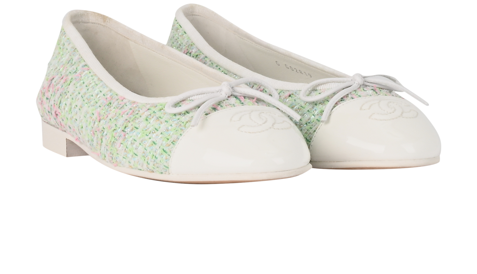 Chanel Tweed Ballerina Flats, &pound;450, Shoes, Green/Pink/White, Fabric/Patent Leather, Side view