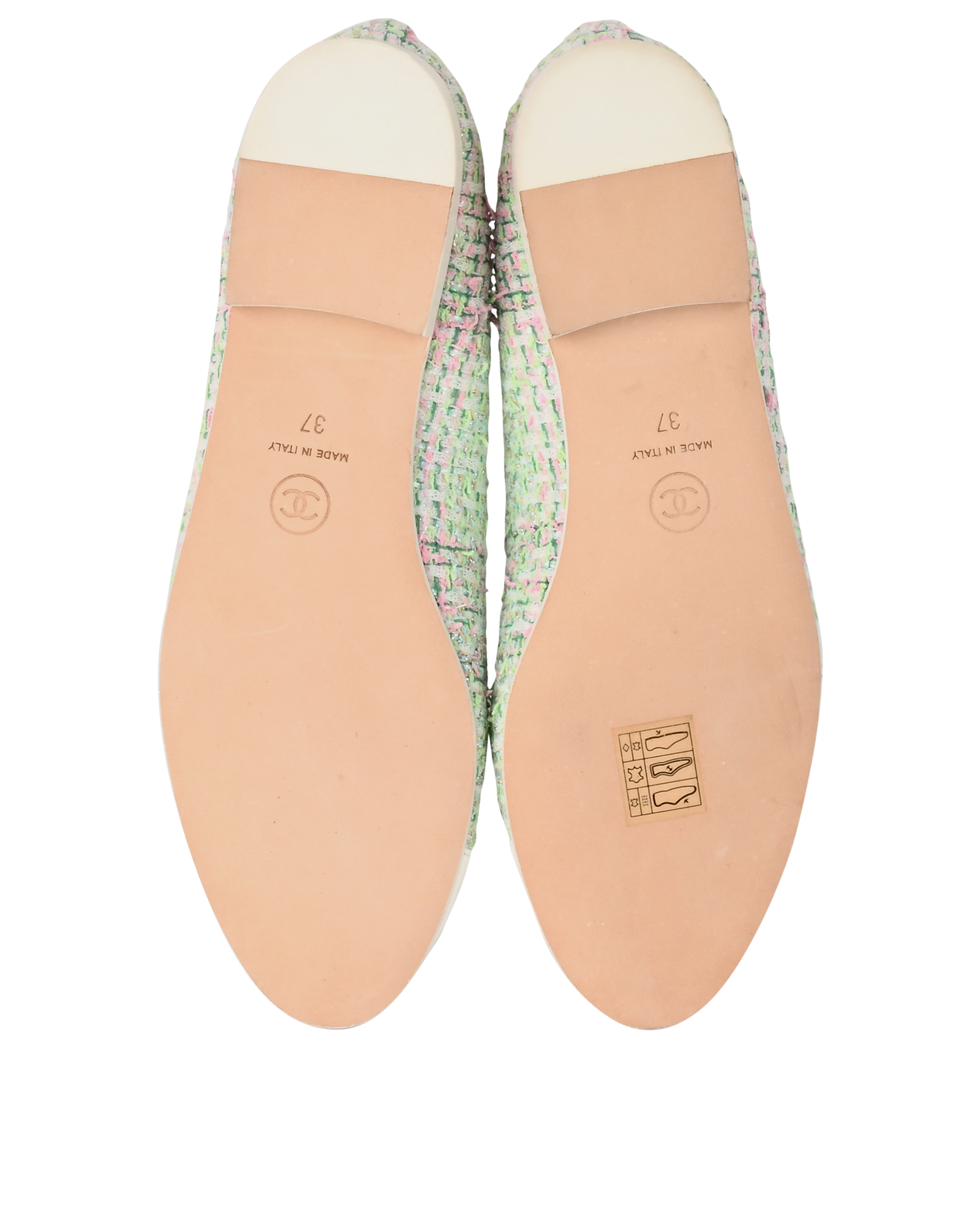 Chanel Tweed Ballerina Flats, &pound;450, Shoes, Green/Pink/White, Fabric/Patent Leather, Top view