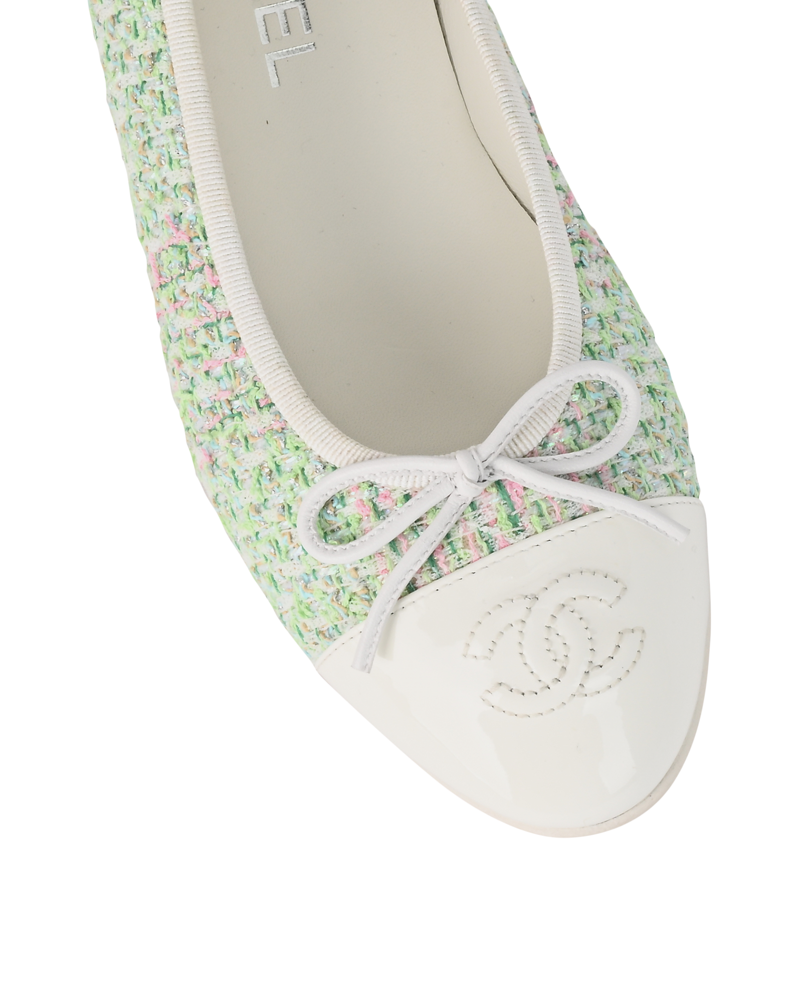 Chanel Tweed Ballerina Flats, &pound;450, Shoes, Green/Pink/White, Fabric/Patent Leather, Other view