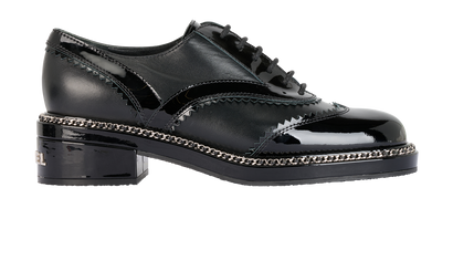 Chanel Oxford Lace Up Brogues, &pound;520, Shoes, Black, Patent Leather, Front view