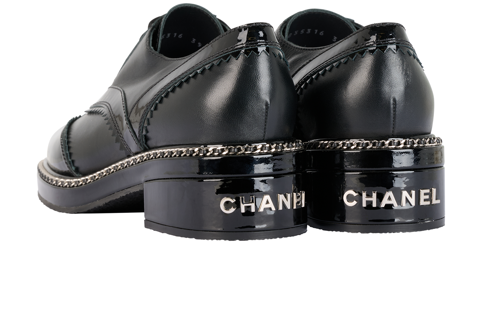 Chanel Oxford Lace Up Brogues, &pound;520, Shoes, Black, Patent Leather, Back view