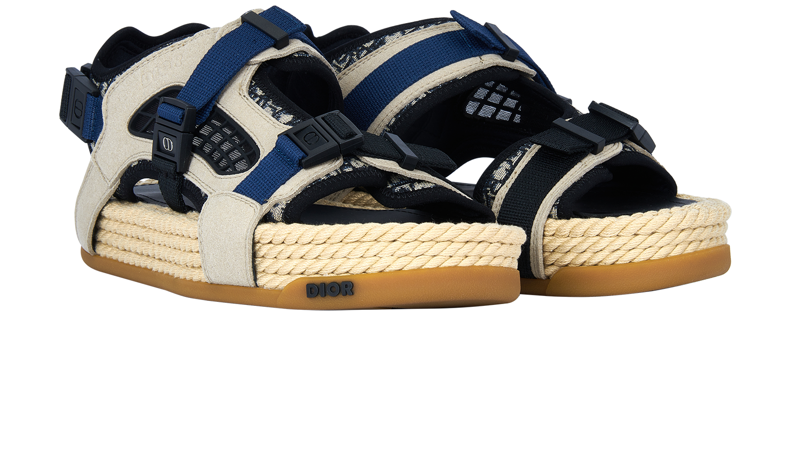 Christian Dior Atlas Sandals, &pound;450, Shoes, Beige/Blue, Fabric/Raffia/Suede, Side view