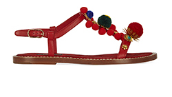 Dolce and Gabbana Pom Pom Embellished Sandals, Leather, Red, 2, DB,B, 4*