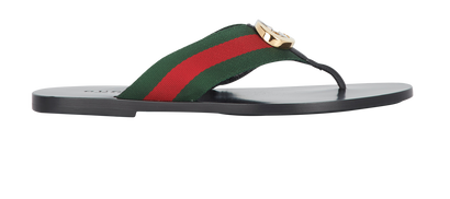 Gucci Kika Thong Sandal, £230, Shoes, Black/Green/Red, Leather, Front view