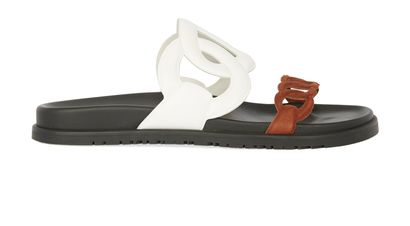 Hermès Chypre Extra Sandals, &pound;395, Shoes, Black/Brown/White, Leather/Suede, Front view
