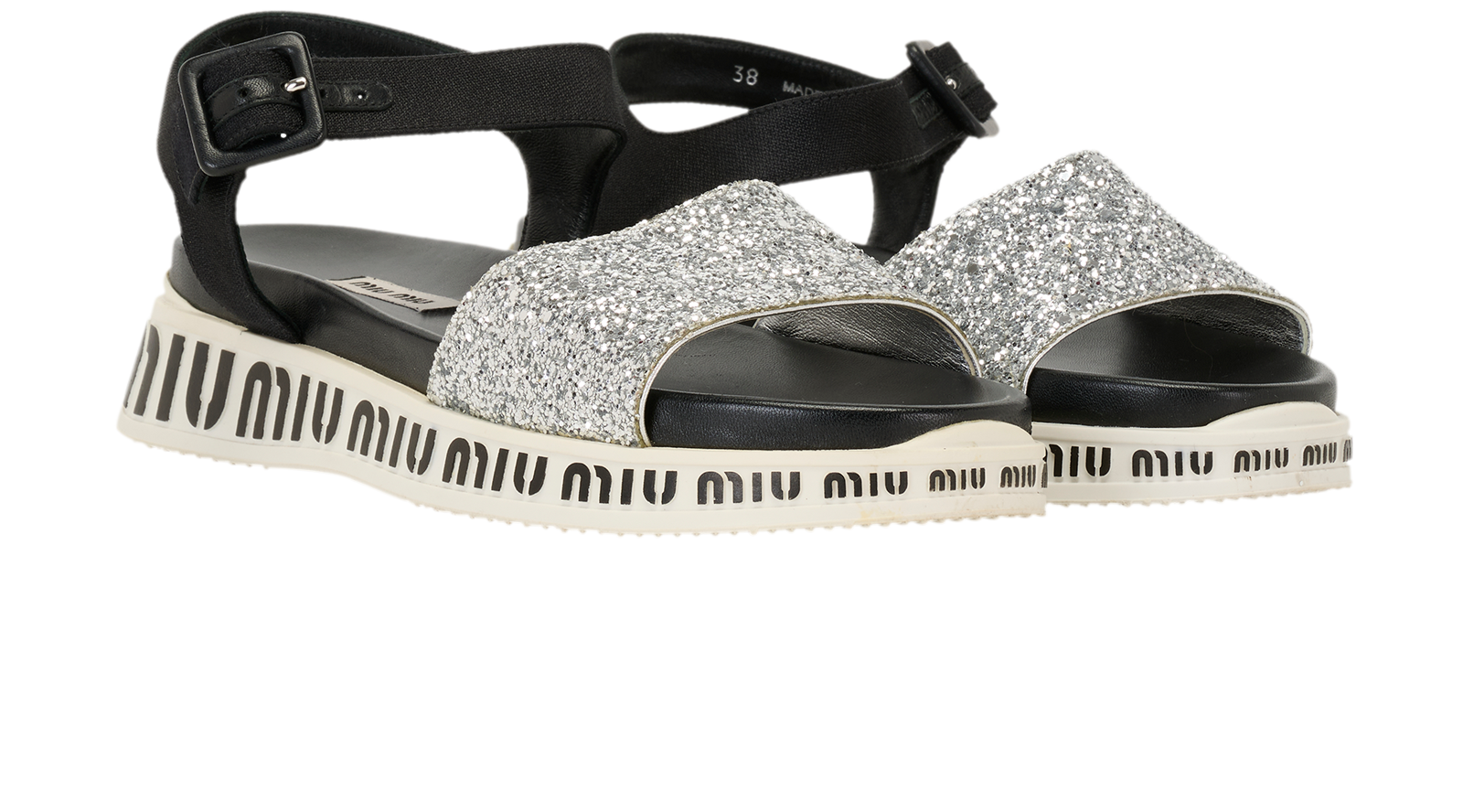 Miu Miu Glitter Sandals, &pound;250, Shoes, Black/Silver/White, Fabric, Side view