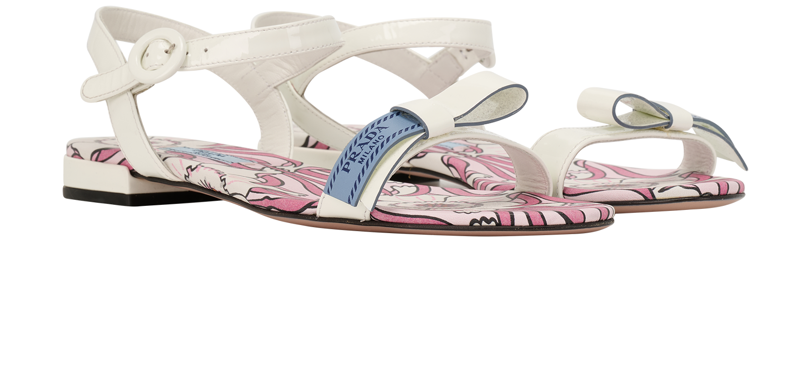 Prada Abstract Floral Sandals, &pound;230, Shoes, Pink/White, Patent Leather, Side view