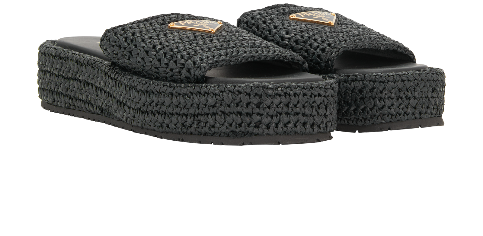 Prada Crochet Flatform Slides, &pound;395, Shoes, Black, Raffia, Side view