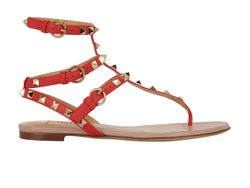 Valentino Rockstud Flat Sandals, Leather, Red, UK2, 2*