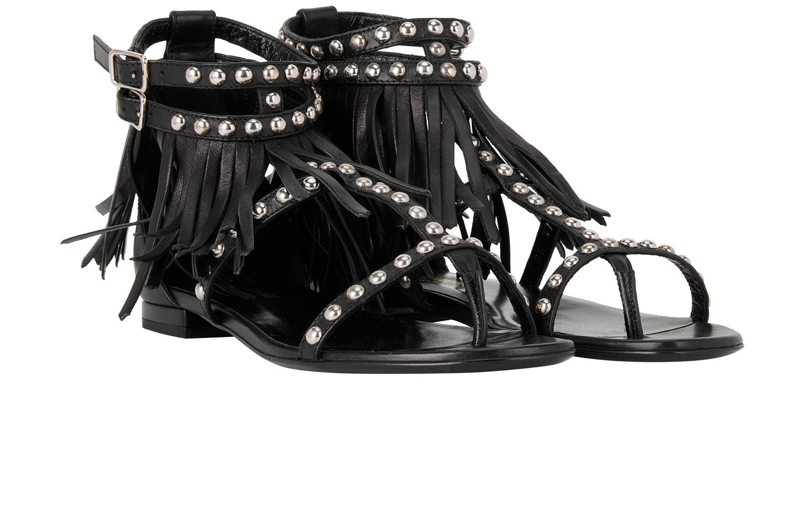 Saint Laurent Nu Pieds Fringe Studded Sandals, &pound;290, Shoes, Black, Leather, Side view
