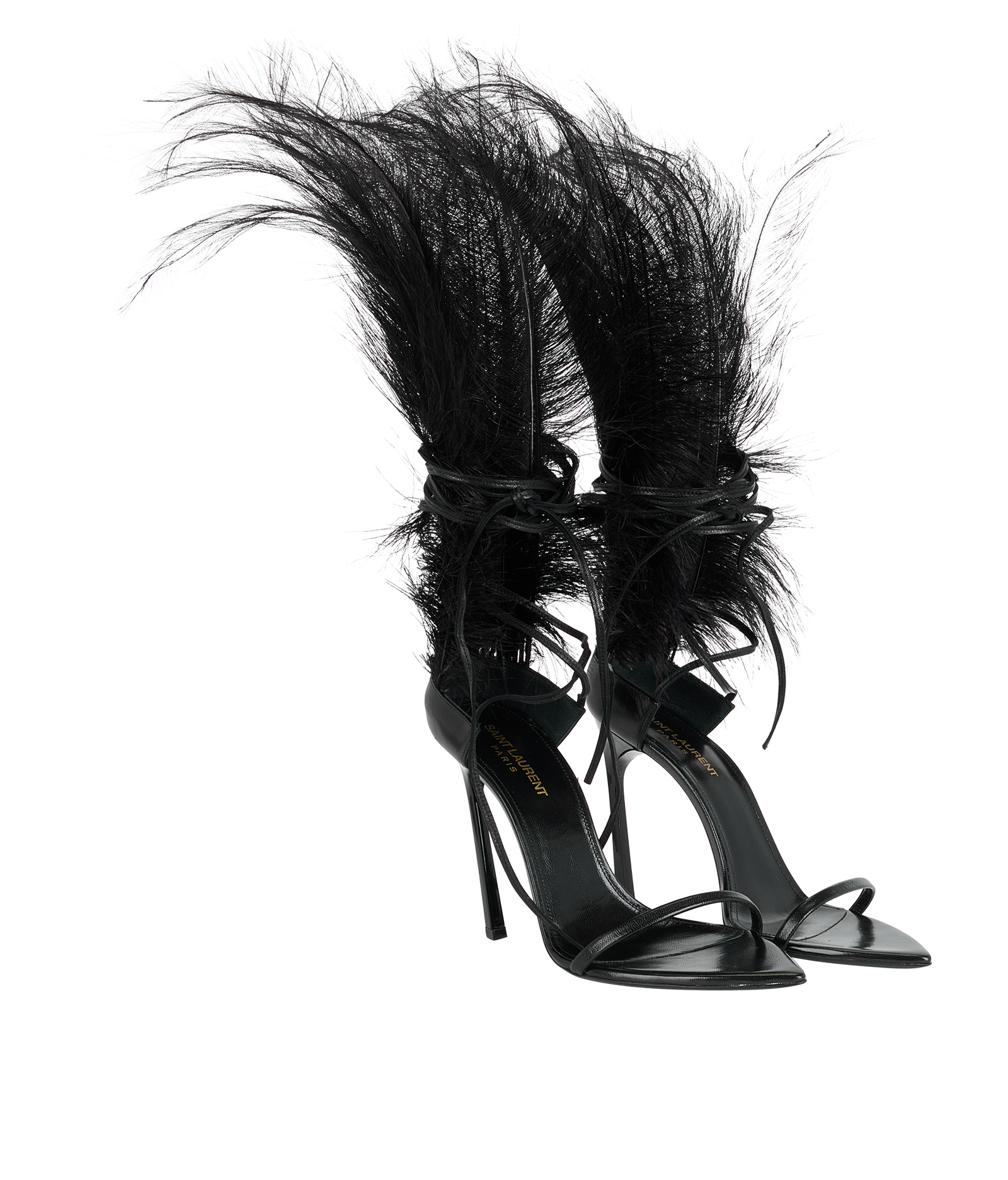 Saint Laurent Iris 105 Sandals, &pound;350, Shoes, Black, Feathers/Leather, Side view
