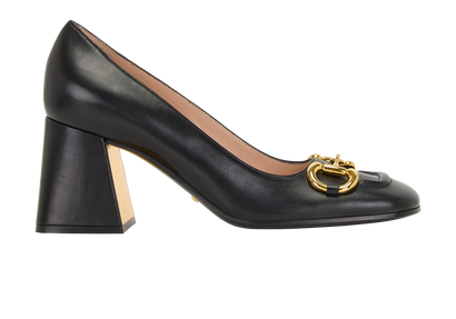 Gucci Horsebit Block Heel Pumps, &pound;375, Shoes, Black, Leather, Front view