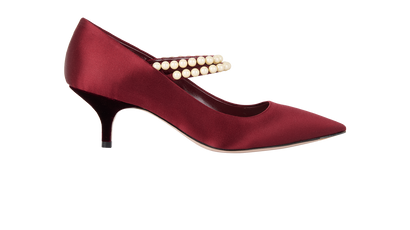 Miu Miu Pearls Kitten Heel Mary Jane, £220, Shoes, Burgundy, Leather/Satin, Front view