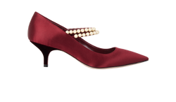 Miu Miu Pearls Kitten Heel Mary Jane, Leather/Satin, Burgundy, UK5, B, 3*