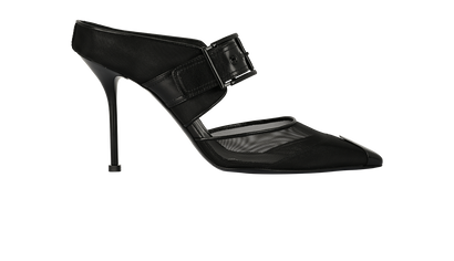 Alexander McQueen Punk Buckle Mules, &pound;220, Shoes, Black, Leather/Mesh, Front view