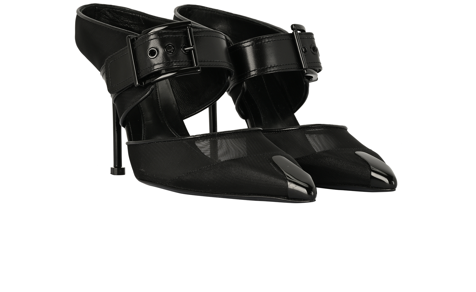 Alexander McQueen Punk Buckle Mules, &pound;220, Shoes, Black, Leather/Mesh, Side view