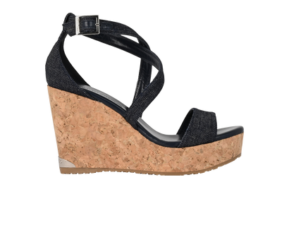 Jimmy Choo Portia 100 Wedges, &pound;245, Shoes, Navy, Cork/Denim, Front view