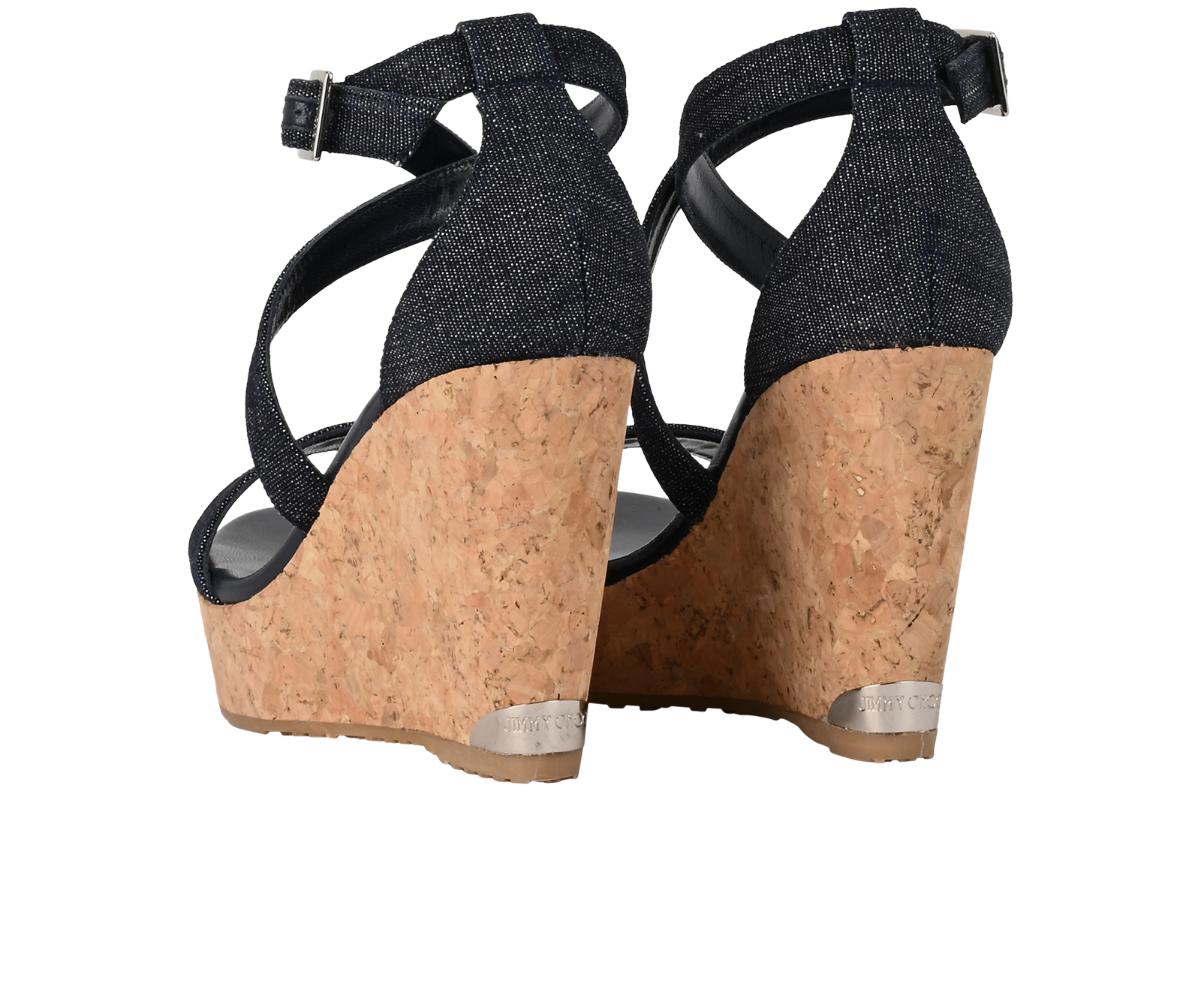 Jimmy Choo Portia 100 Wedges, &pound;245, Shoes, Navy, Cork/Denim, Back view