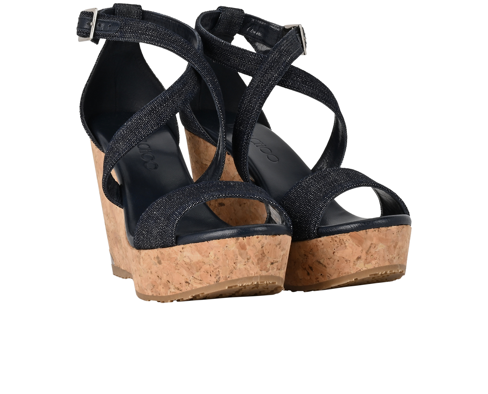 Jimmy Choo Portia 100 Wedges, &pound;245, Shoes, Navy, Cork/Denim, Side view