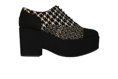 Chanel Lace-Up Platforms, &pound;495, Shoes, Black/Cream, Tweed, Front view