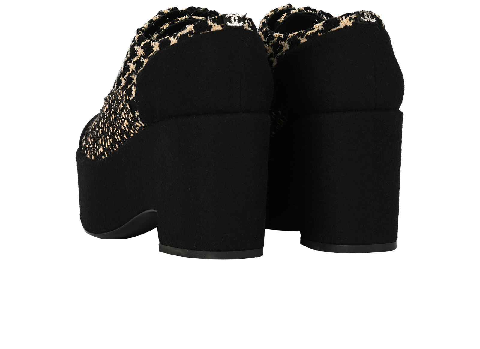 Chanel Lace-Up Platforms, &pound;495, Shoes, Black/Cream, Tweed, Back view