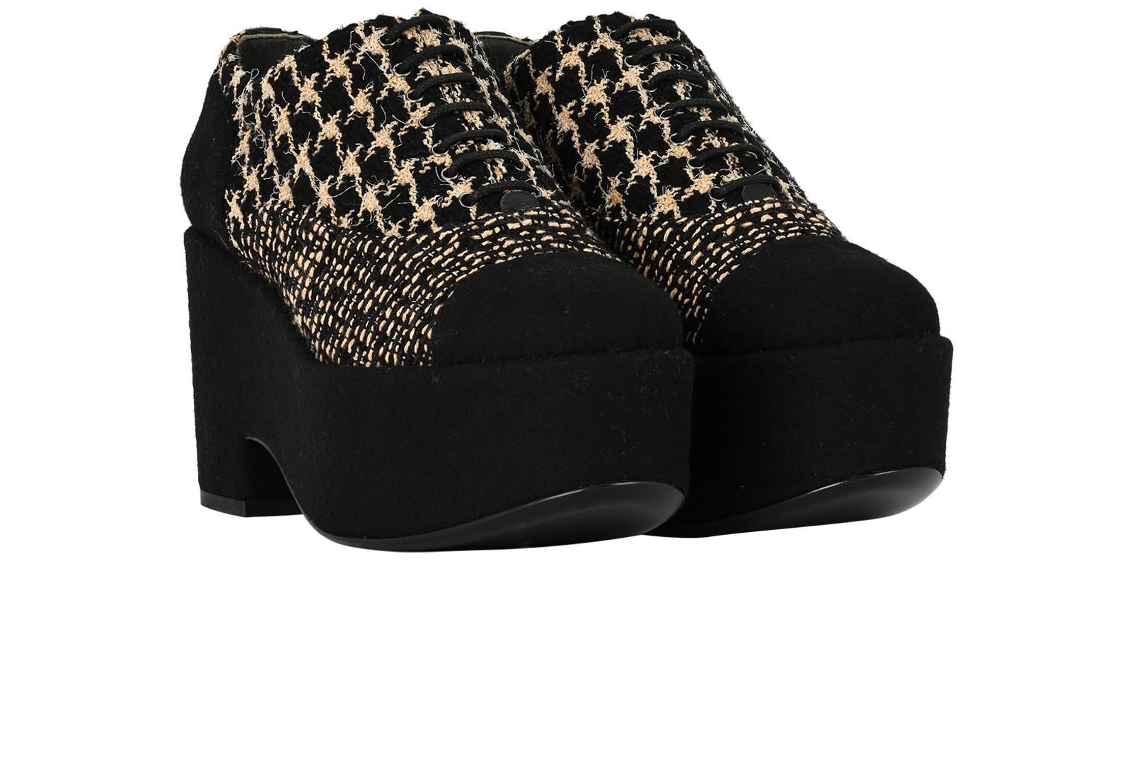 Chanel Lace-Up Platforms, &pound;495, Shoes, Black/Cream, Tweed, Side view