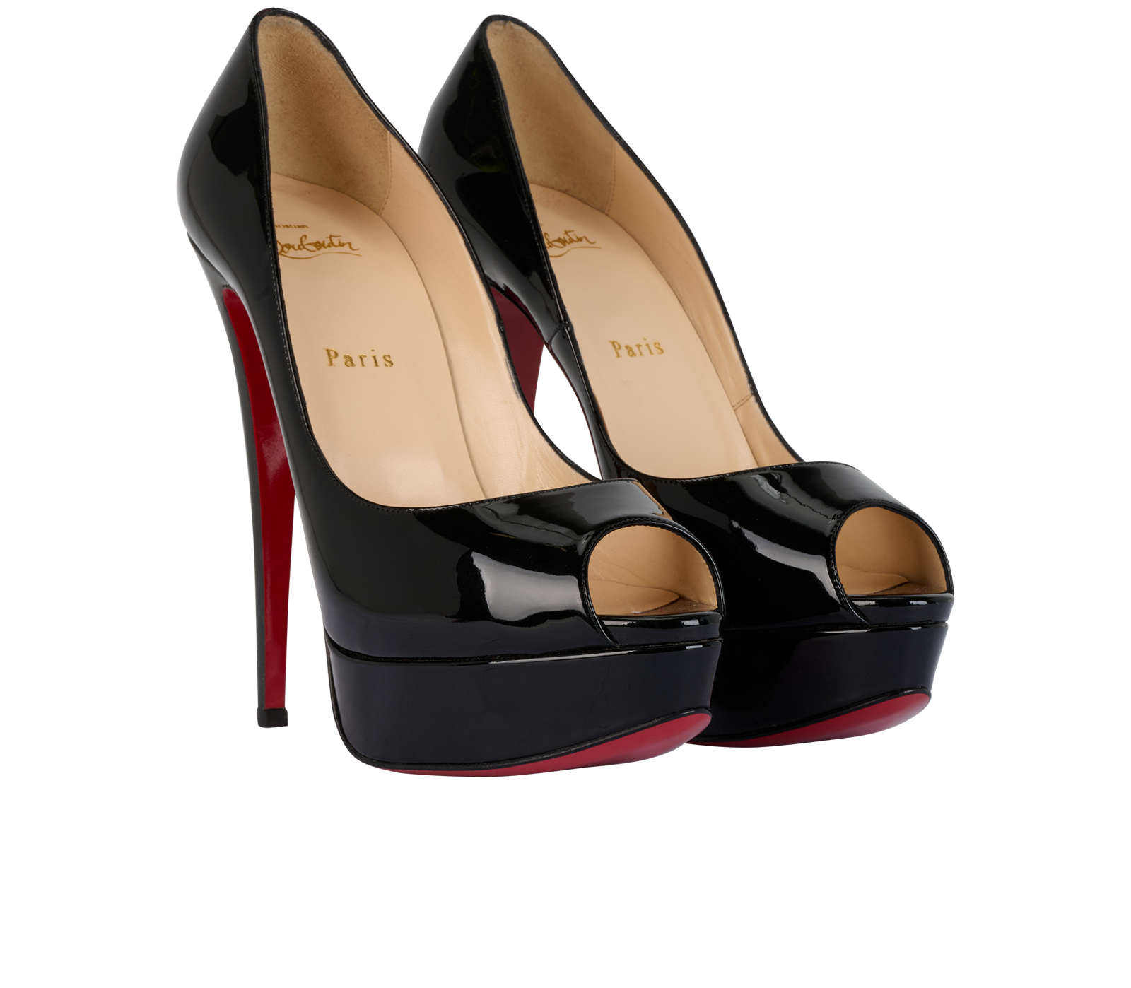 Christian Louboutin Lady Peep Pumps, &pound;320, Shoes, Black, Patent Leather, Side view