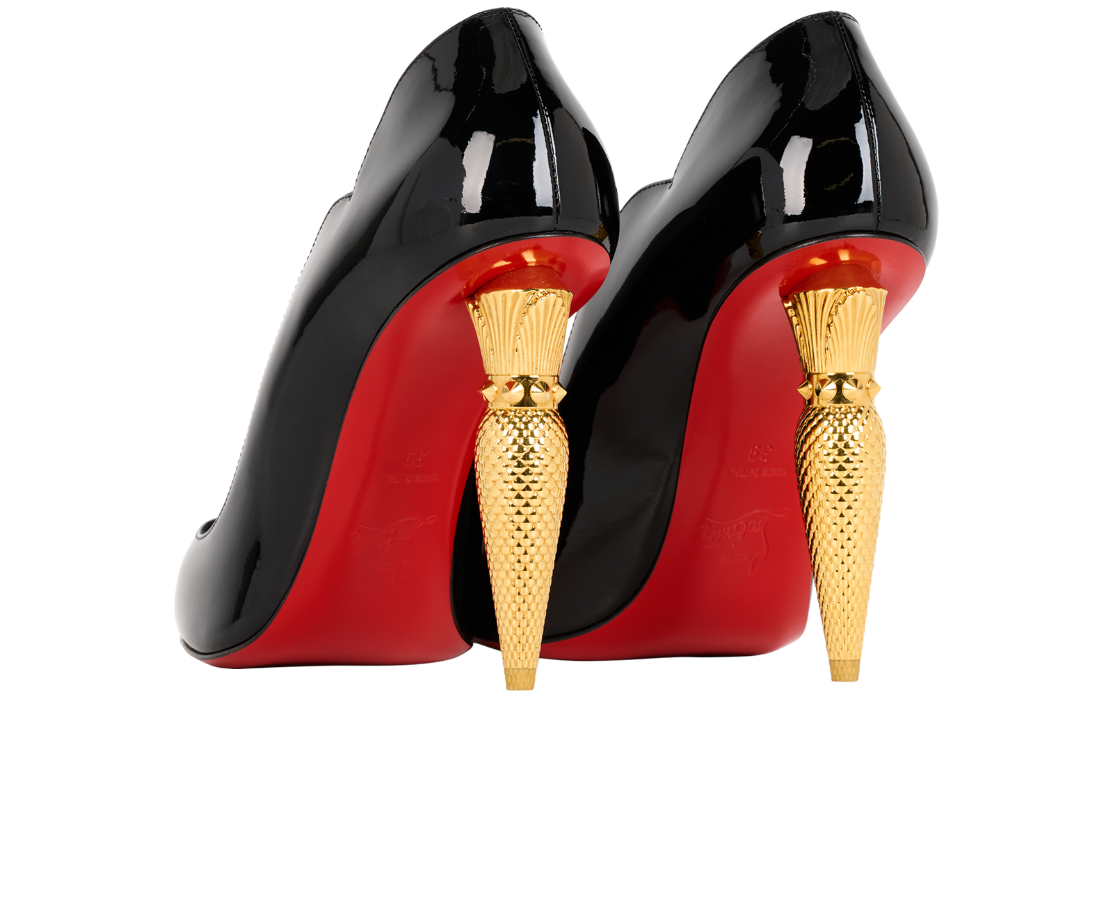 Christian Louboutin Lipchick Pump 100, &pound;450, Shoes, Black/Gold, Patent Leather, Back view