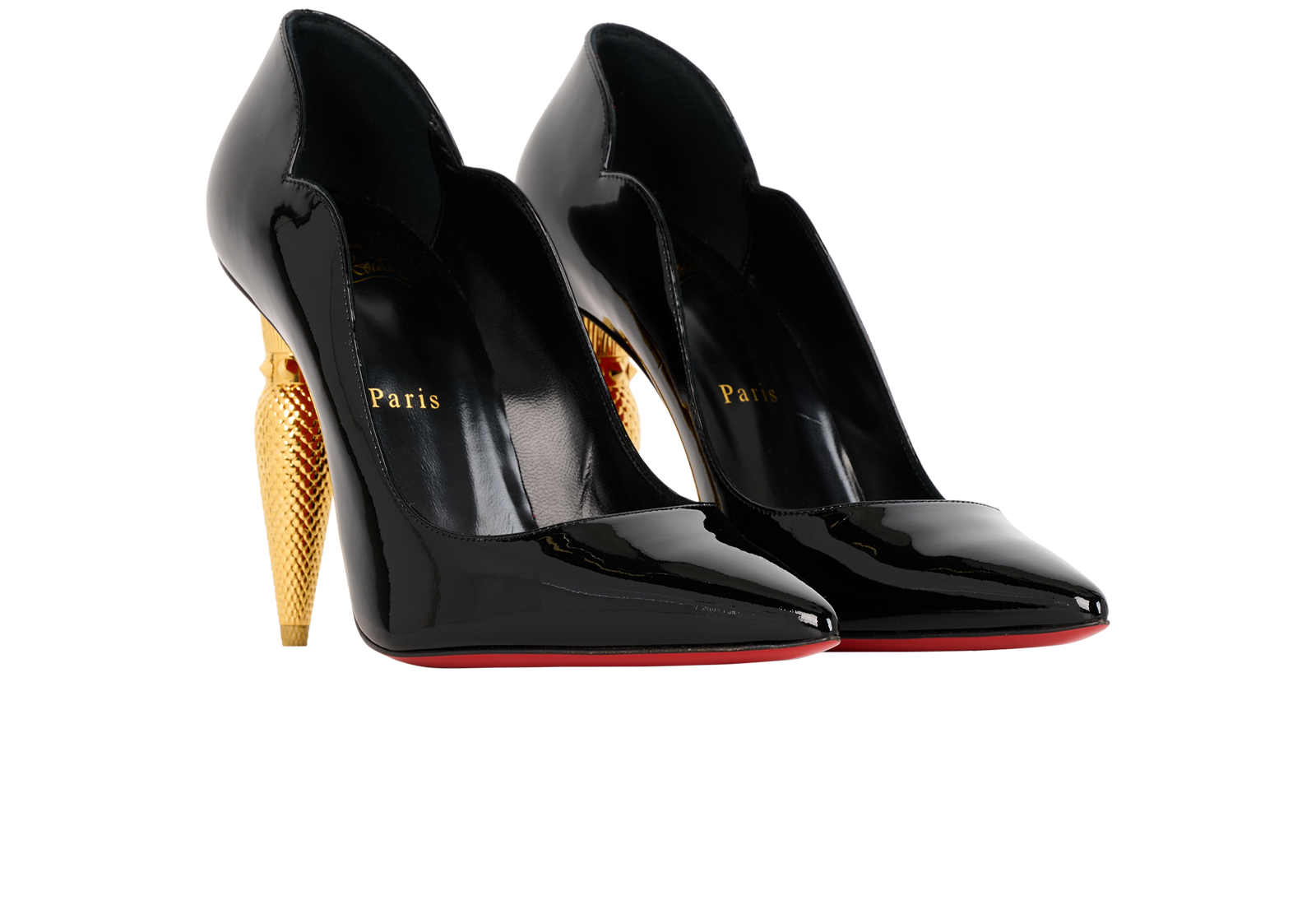 Christian Louboutin Lipchick Pump 100, &pound;450, Shoes, Black/Gold, Patent Leather, Side view
